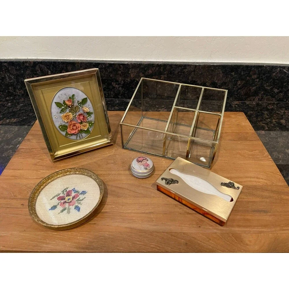 Vintage 5 pc Lot of Brass Vanity Decor